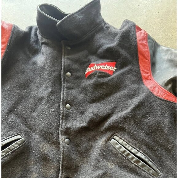Vintage Dehen Men’s Black Red Wool Budweiser Leather Bomber Jacket Sz XL 1998 - Picture 4 of 16